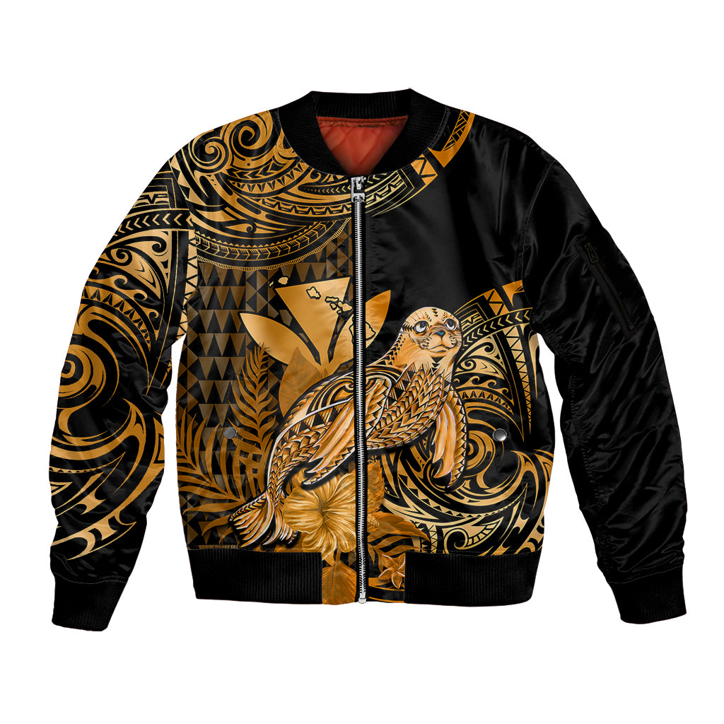 (Custom Personalised) Hawaii Monk Seal Sleeve Zip Bomber Jacket Polynesian Kakau With Kanaka Gold - Wonder Print Shop
