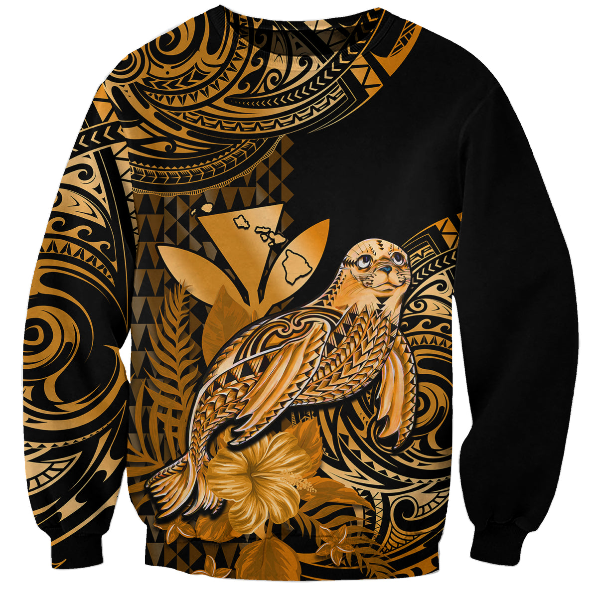 (Custom Personalised) Hawaii Monk Seal Sweatshirt Polynesian Kakau With Kanaka Gold - Wonder Print Shop