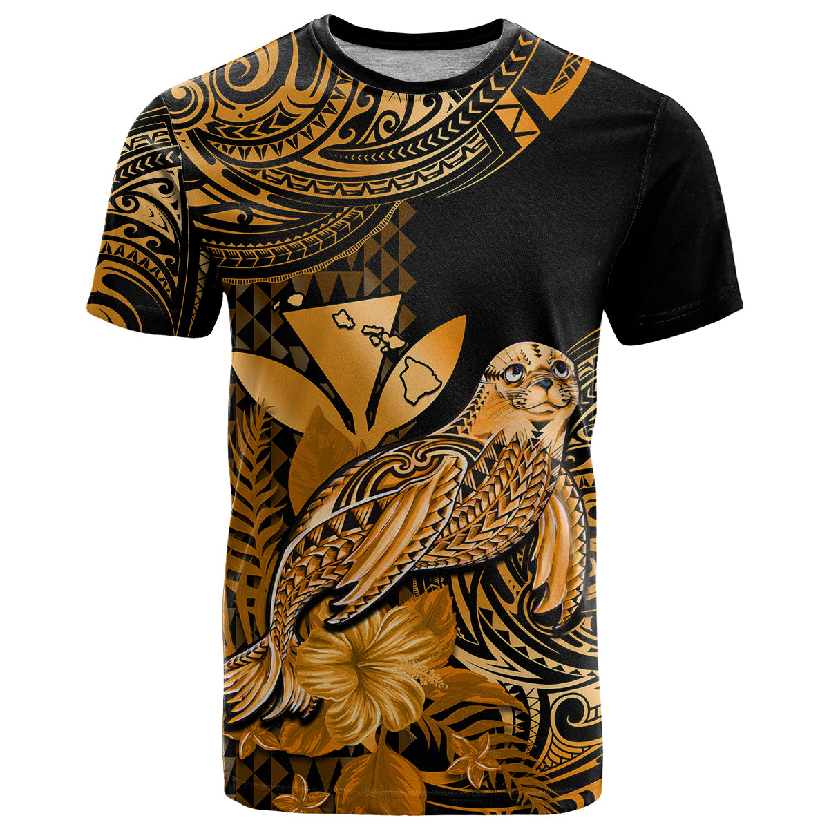 Custom Hawaii Monk Seal T Shirt Polynesian Kakau With Kanaka Gold - Wonder Print Shop