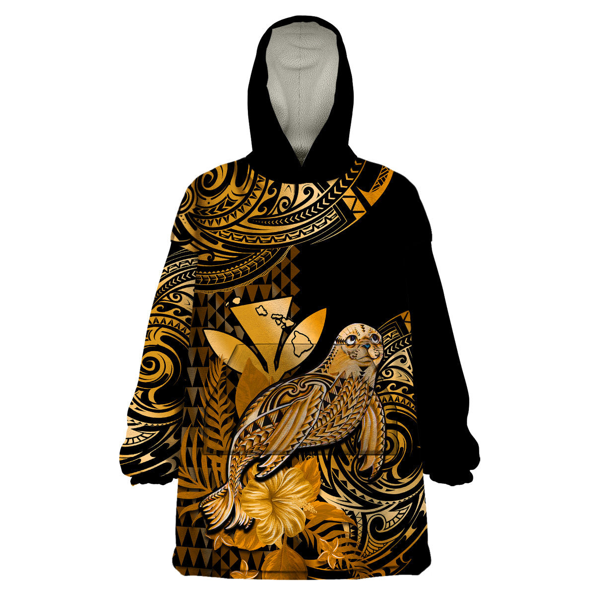 (Custom Personalised) Hawaii Monk Seal Wearable Blanket Hoodie Polynesian Kakau With Kanaka Gold - Wonder Print Shop