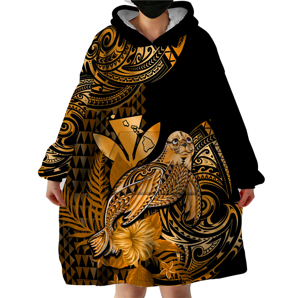 (Custom Personalised) Hawaii Monk Seal Wearable Blanket Hoodie Polynesian Kakau With Kanaka Gold - Wonder Print Shop