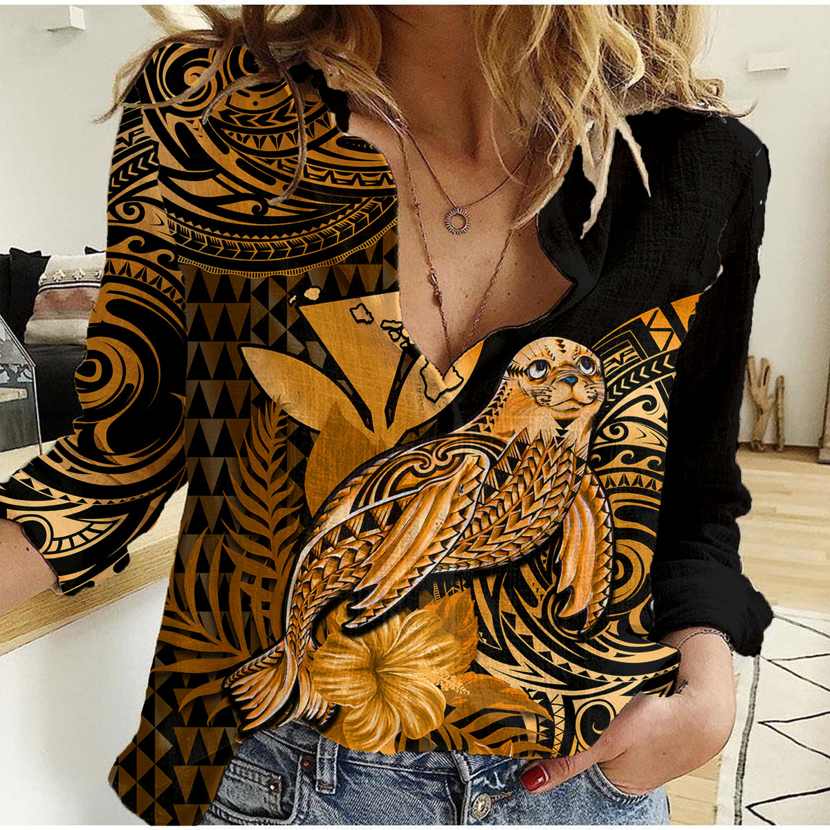 (Custom Personalised) Hawaii Monk Seal Women Casual Shirt Polynesian Kakau With Kanaka Gold - Wonder Print Shop