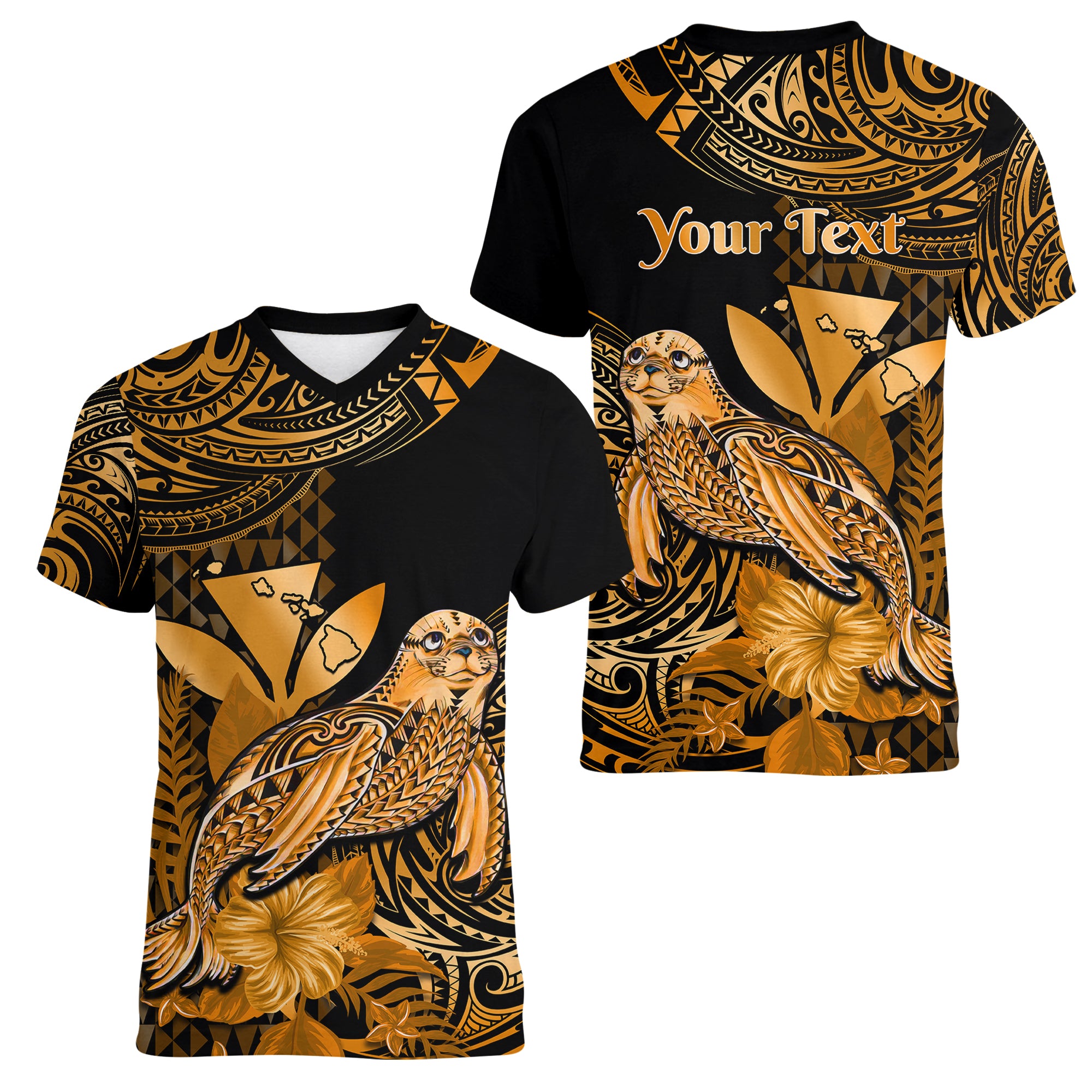 (Custom Personalised) Hawaii Monk Seal Women V Neck T Shirt Polynesian Kakau With Kanaka Gold - Wonder Print Shop