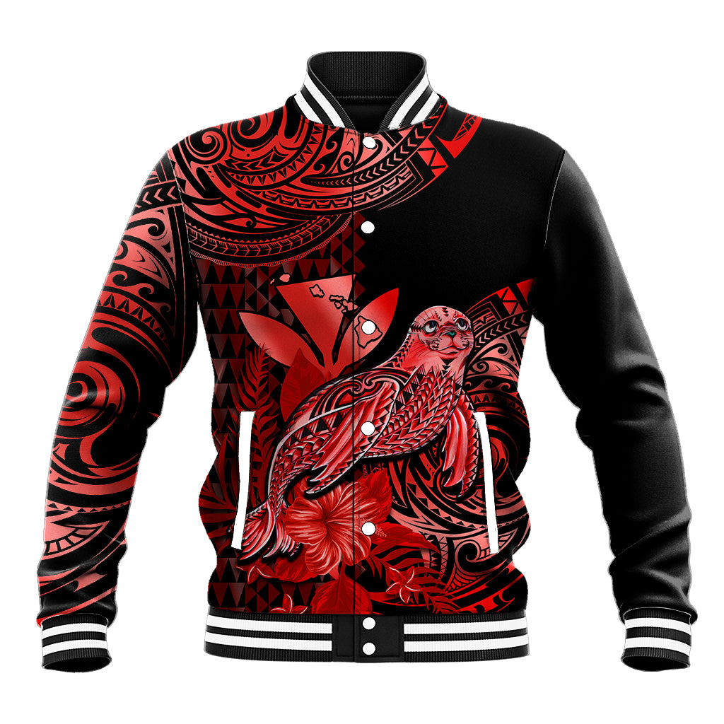 (Custom Personalised) Hawaii Monk Seal Baseball Jacket Polynesian Kakau With Kanaka Red - Wonder Print Shop