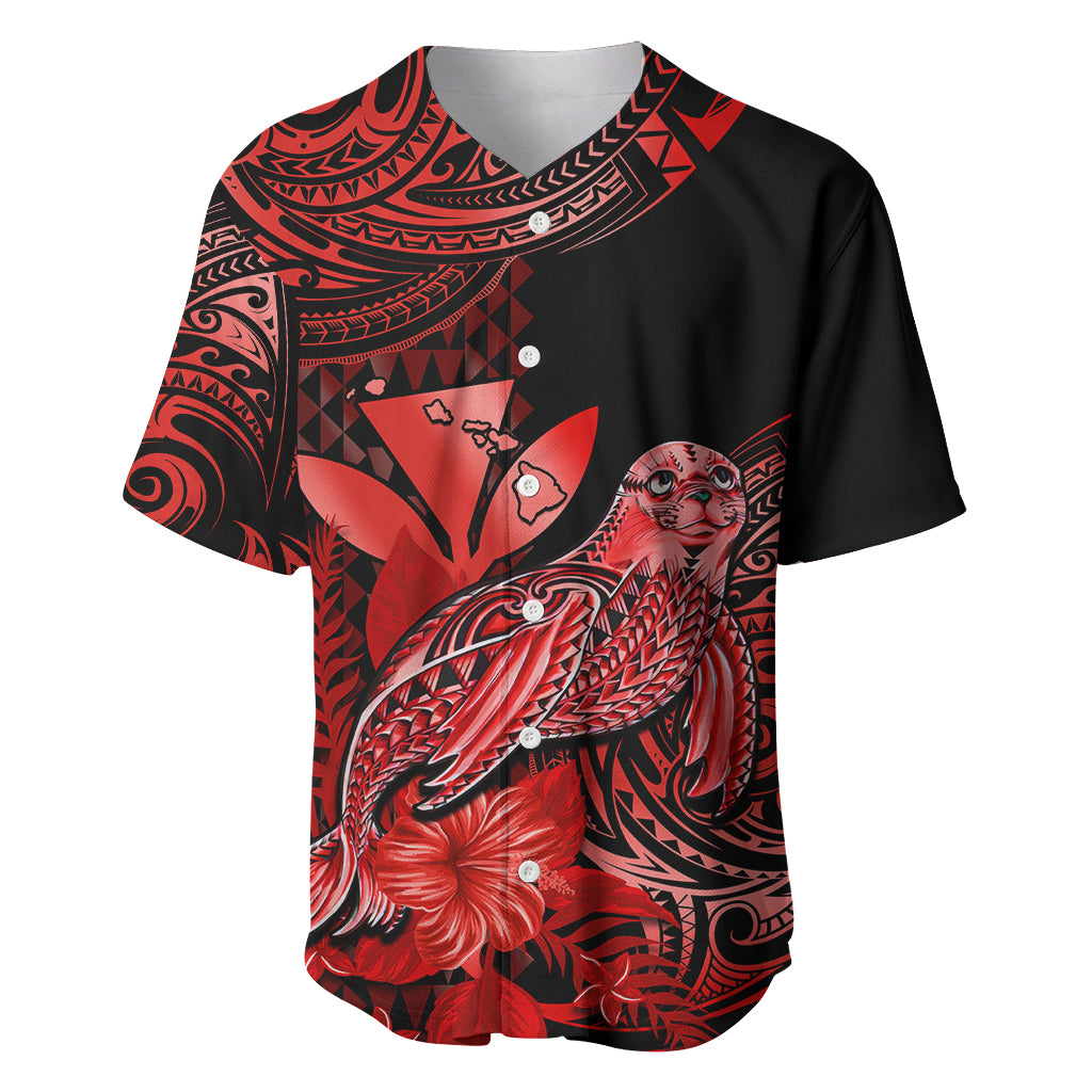 (Custom Personalised) Hawaii Monk Seal Baseball Jersey Polynesian Kakau With Kanaka Red - Wonder Print Shop