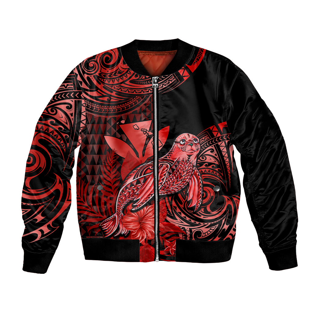(Custom Personalised) Hawaii Monk Seal Bomber Jacket Polynesian Kakau With Kanaka Red - Wonder Print Shop