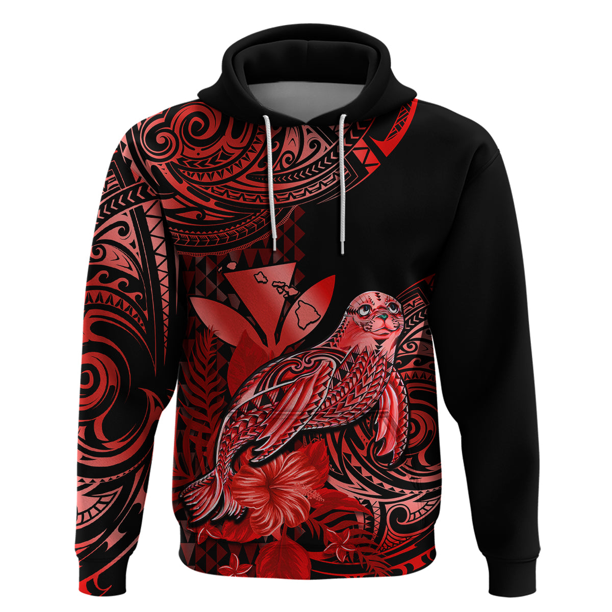 Custom Hawaii Monk Seal Hoodie Polynesian Kakau With Kanaka Red - Wonder Print Shop