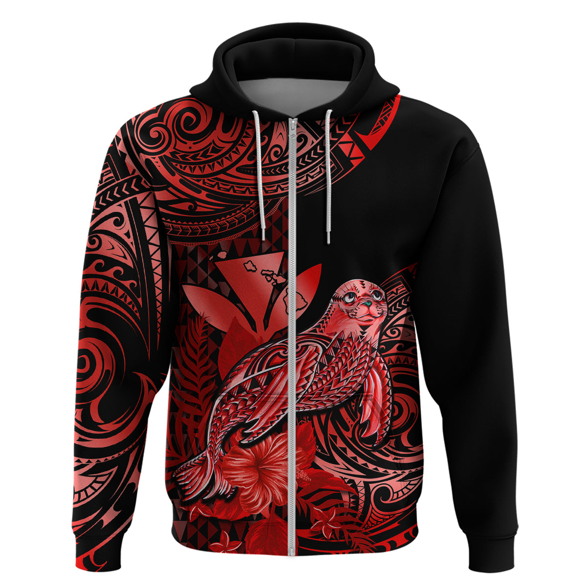 Custom Hawaii Monk Seal Hoodie Polynesian Kakau With Kanaka Red - Wonder Print Shop