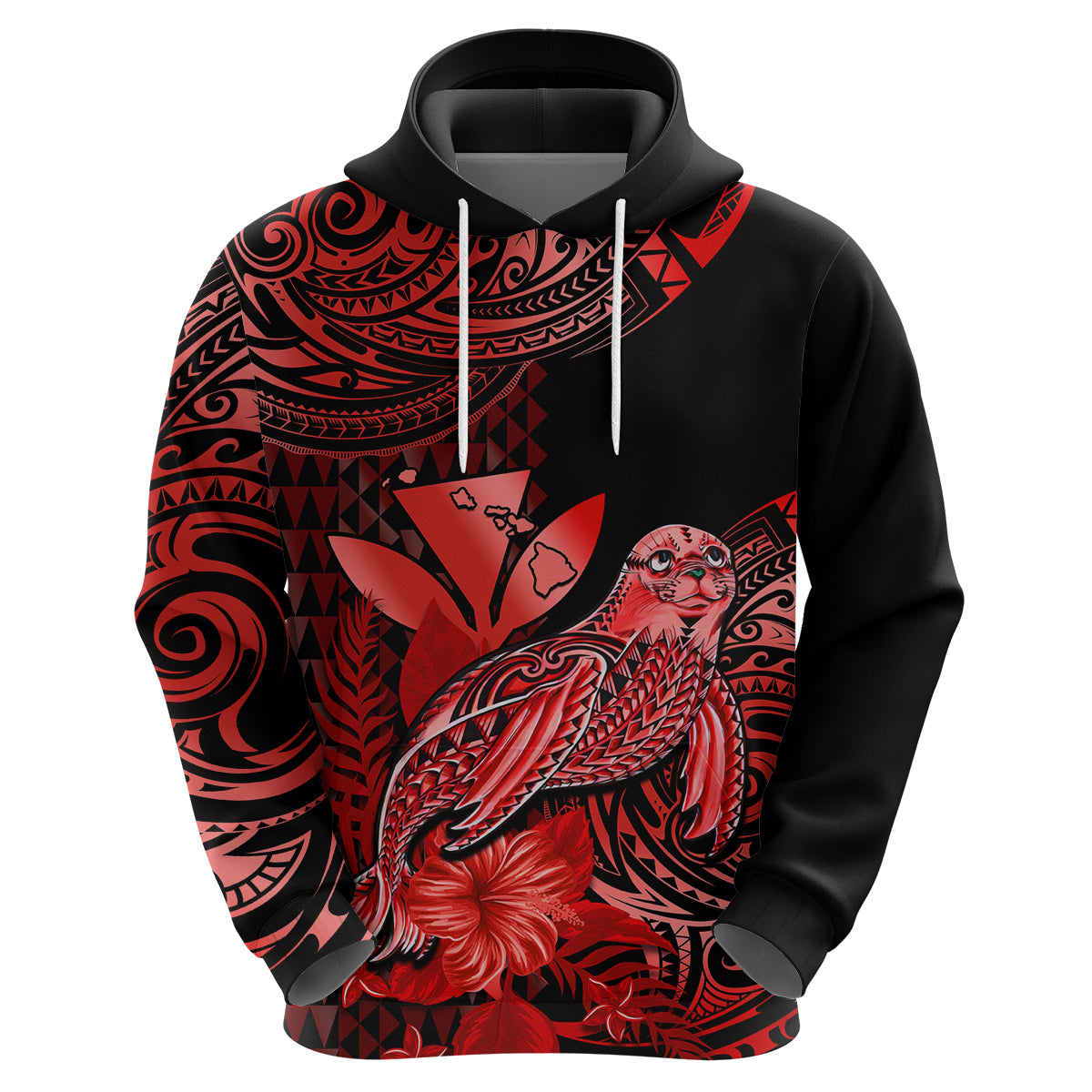 Custom Hawaii Monk Seal Hoodie Polynesian Kakau With Kanaka Red - Wonder Print Shop