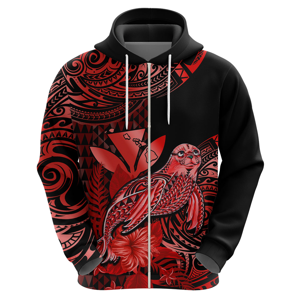 Custom Hawaii Monk Seal Hoodie Polynesian Kakau With Kanaka Red - Wonder Print Shop