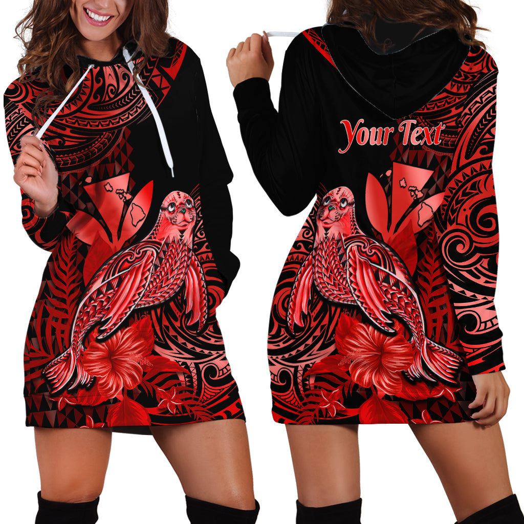 (Custom Personalised) Hawaii Monk Seal Hoodie Dress Polynesian Kakau With Kanaka Red - Wonder Print Shop