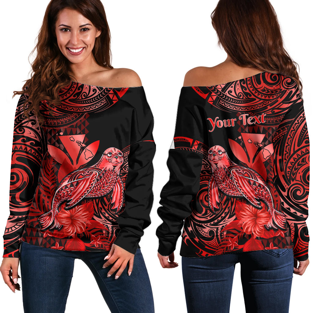 (Custom Personalised) Hawaii Monk Seal Off Shoulder Sweater Polynesian Kakau With Kanaka Red - Wonder Print Shop