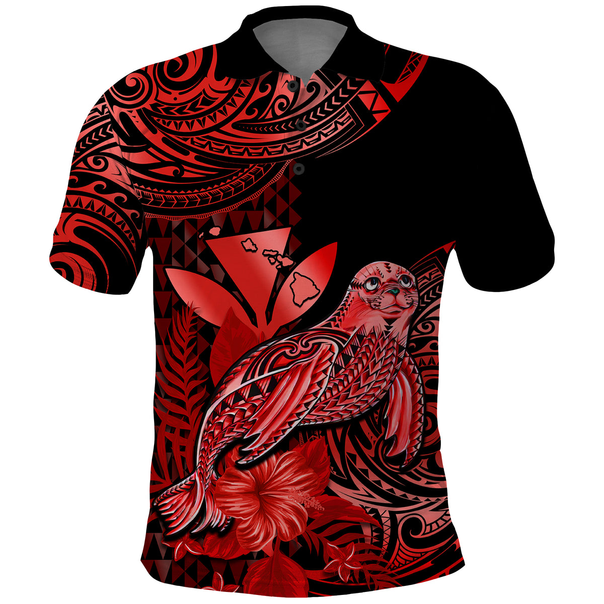 Custom Monk Seal Hawaii Polo Shirt Polynesian Kakau With Kanaka Red - Wonder Print Shop