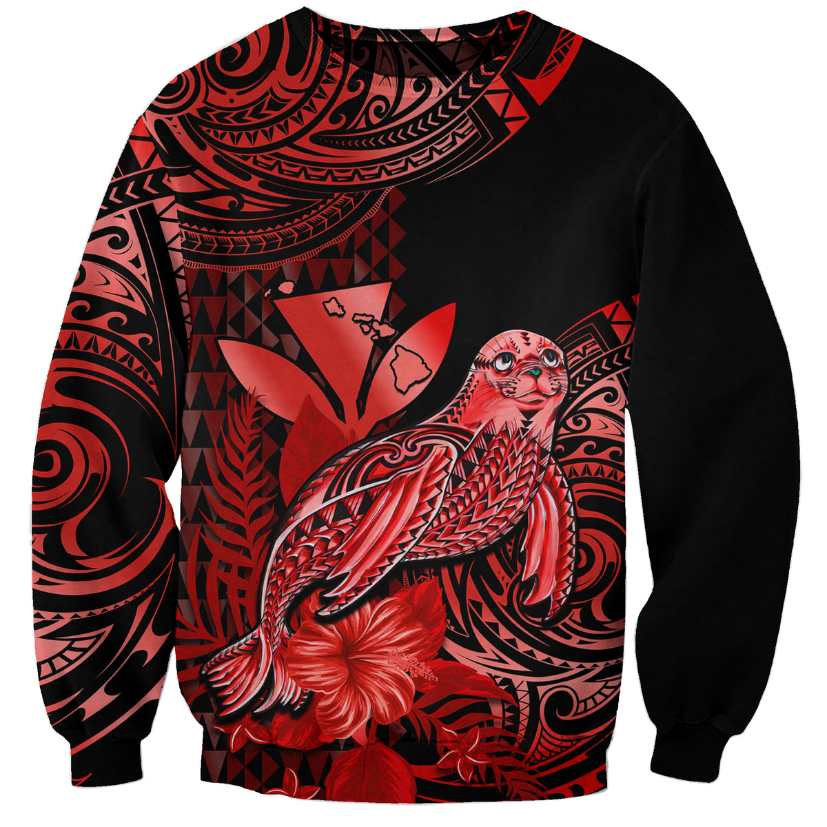 (Custom Personalised) Hawaii Monk Seal Sweatshirt Polynesian Kakau With Kanaka Red - Wonder Print Shop