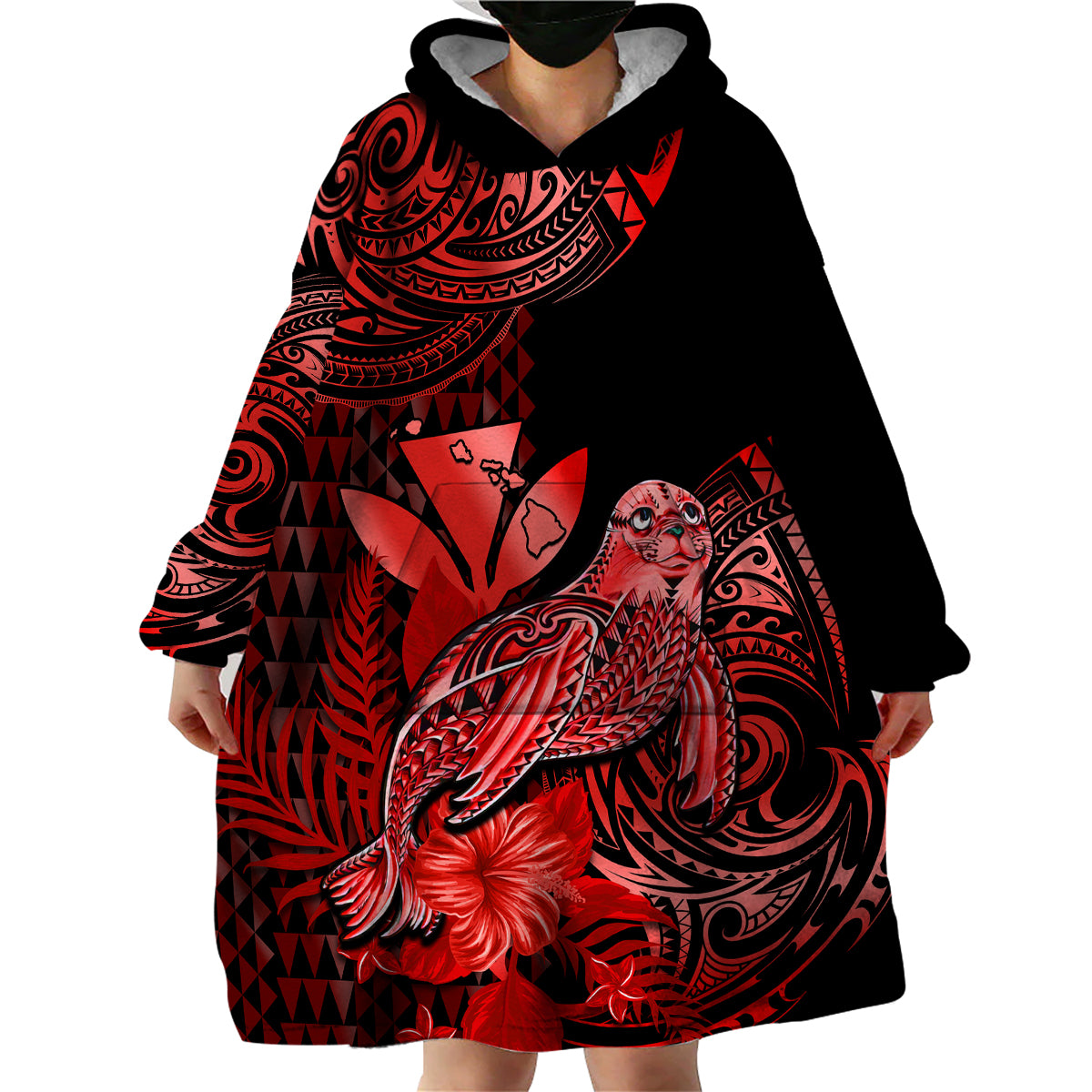 (Custom Personalised) Hawaii Monk Seal Wearable Blanket Hoodie Polynesian Kakau With Kanaka Red - Wonder Print Shop