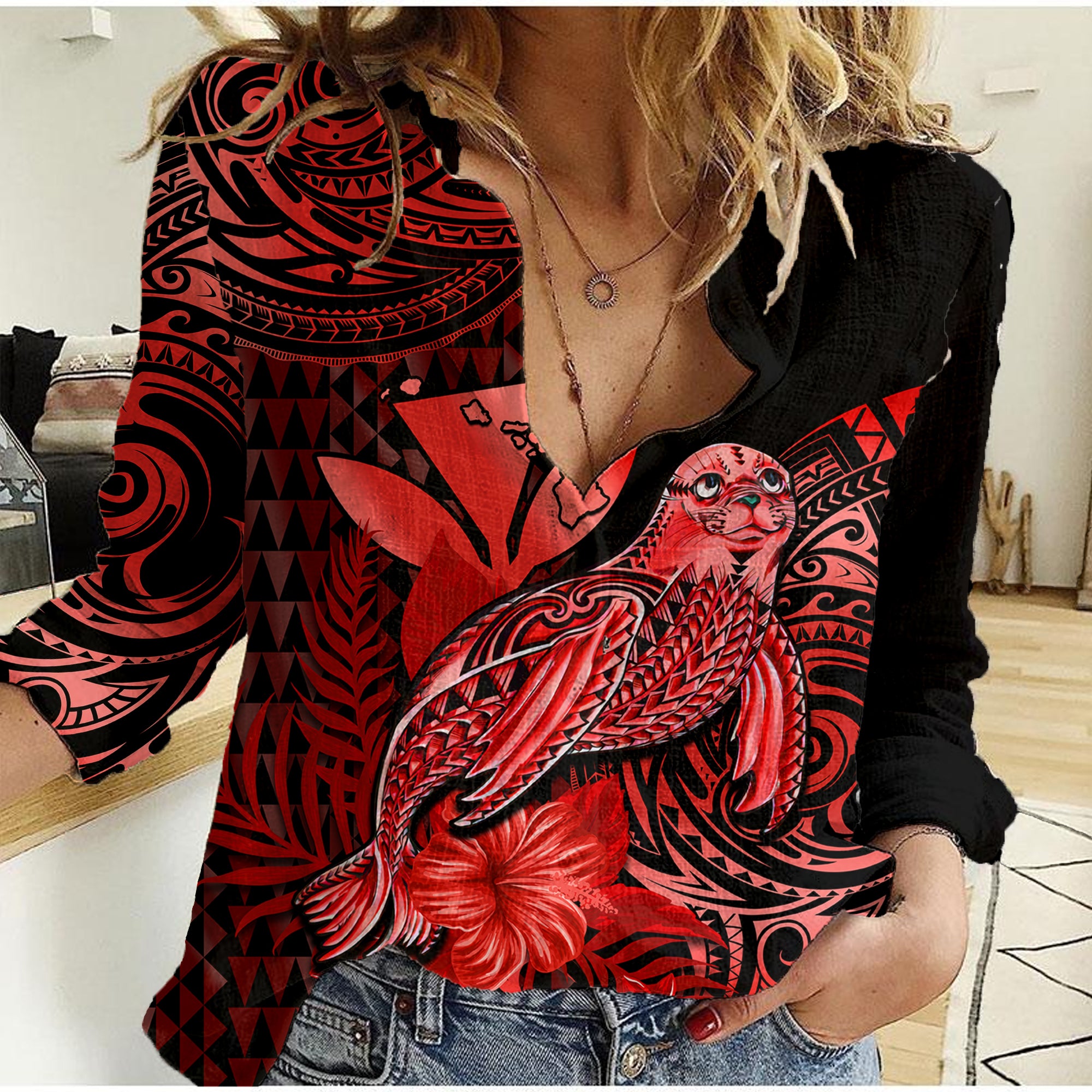 (Custom Personalised) Hawaii Monk Seal Women Casual Shirt Polynesian Kakau With Kanaka Red - Wonder Print Shop