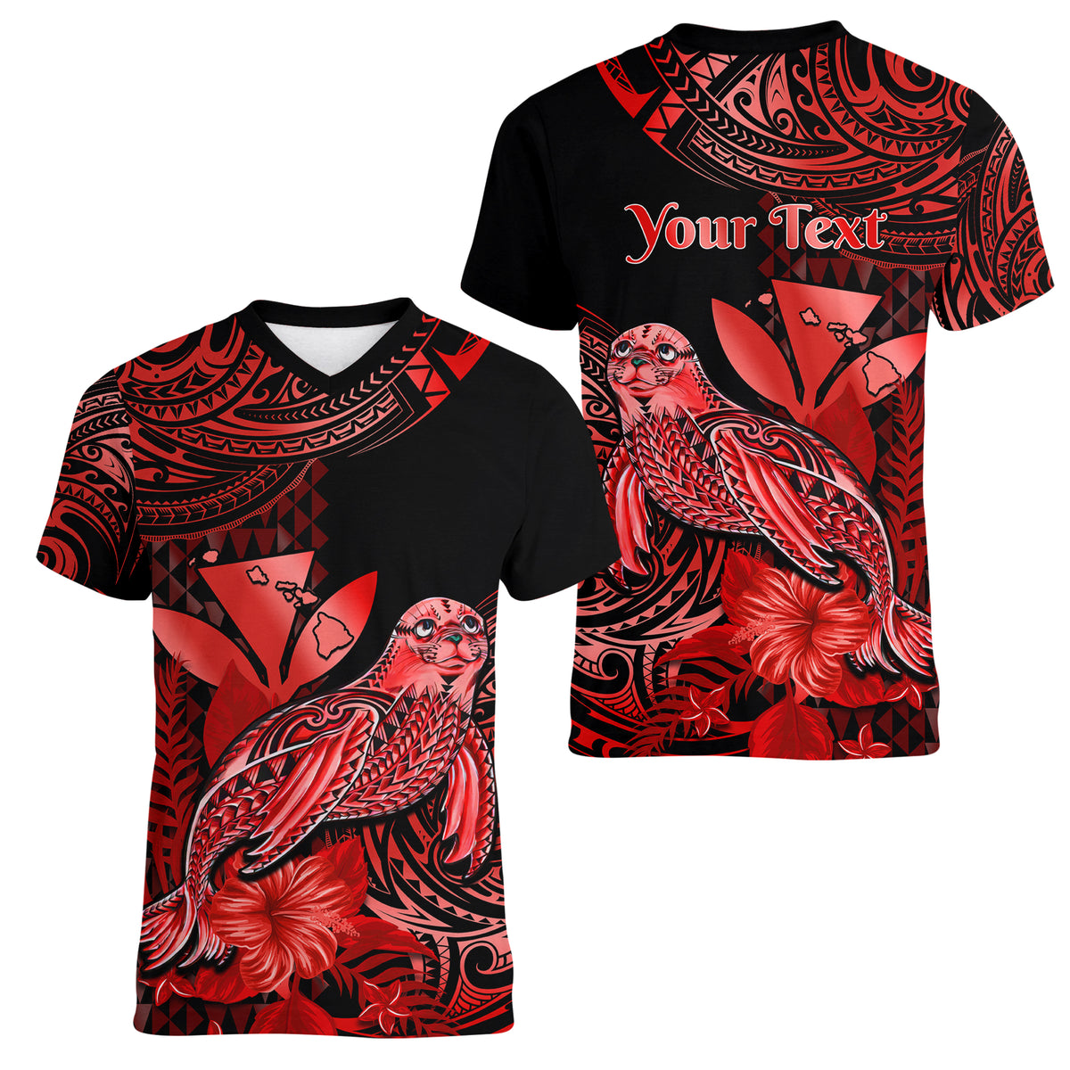(Custom Personalised) Hawaii Monk Seal Women V Neck T Shirt Polynesian Kakau With Kanaka Red - Wonder Print Shop