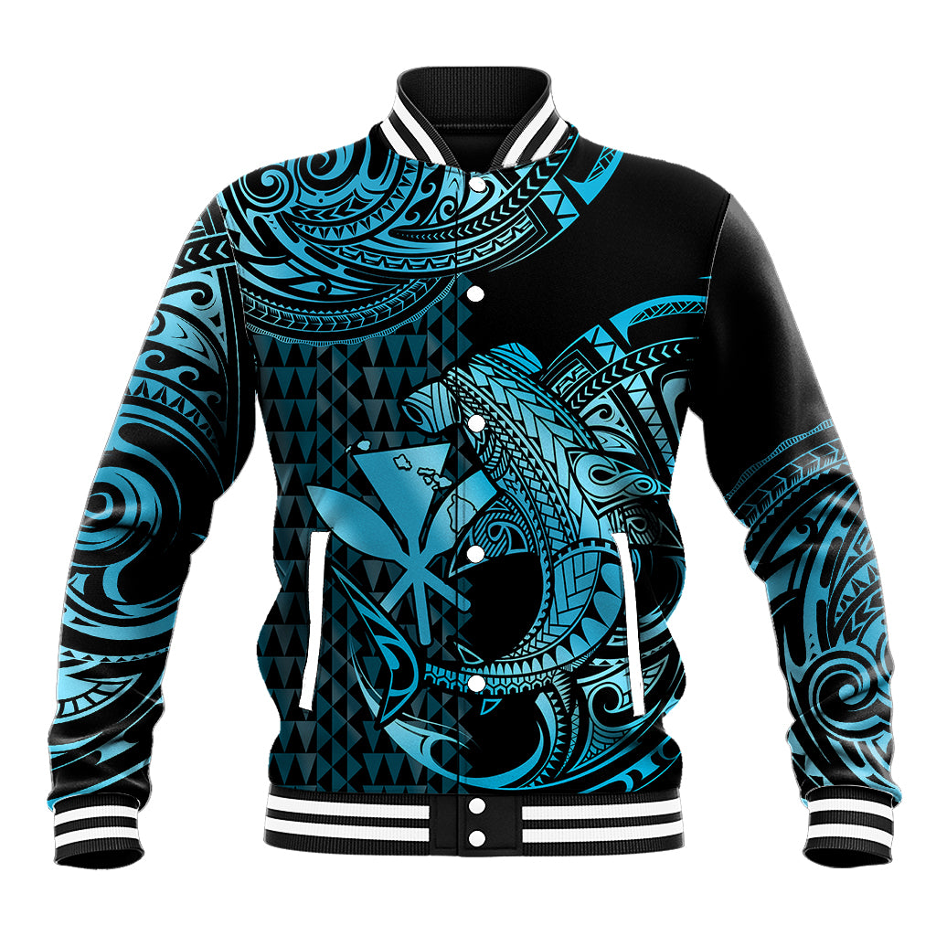(Custom Personalised) Hawaii Hammerhead Shark Baseball Jacket Polynesian Kakau With Kanaka Turquoise - Wonder Print Shop