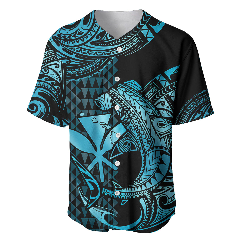 (Custom Personalised) Hawaii Hammerhead Shark Baseball Jersey Polynesian Kakau With Kanaka Turquoise - Wonder Print Shop