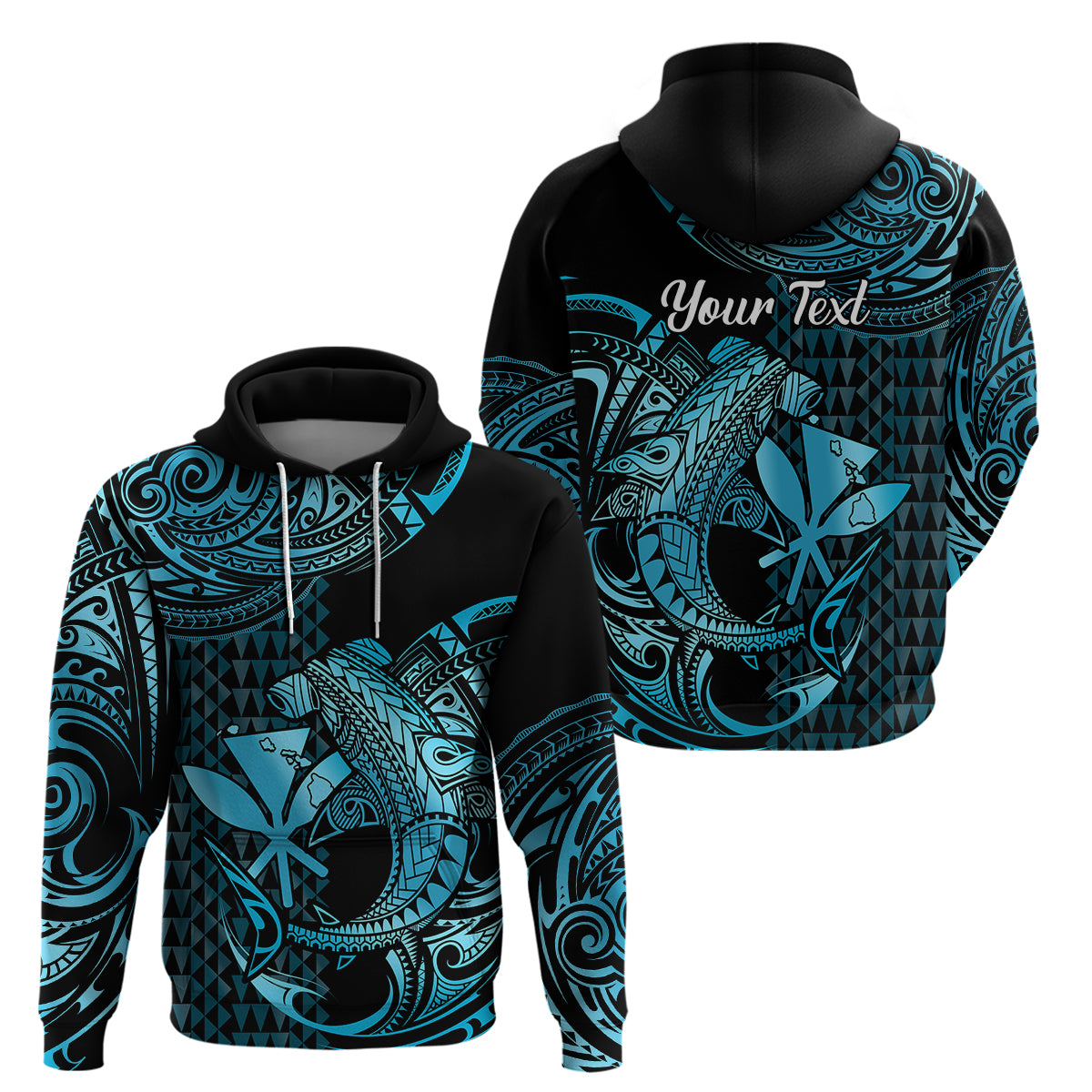 Custom Hawaii Hammerhead Shark Polynesian Hoodie Polynesian Kakau With Kanaka Turquoise - Wonder Print Shop