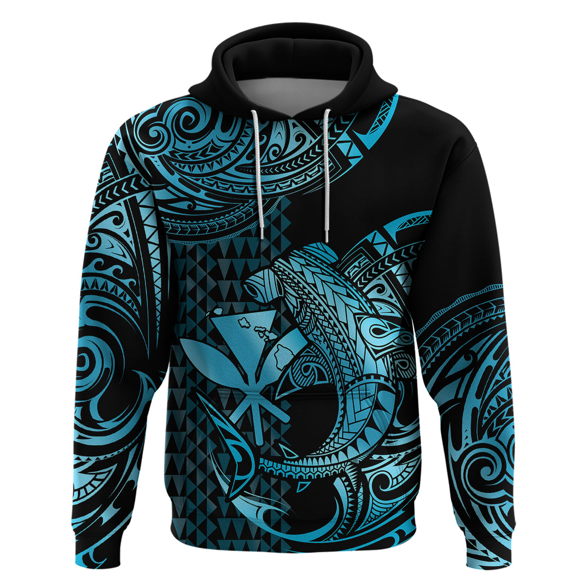 Custom Hawaii Hammerhead Shark Polynesian Hoodie Polynesian Kakau With Kanaka Turquoise - Wonder Print Shop