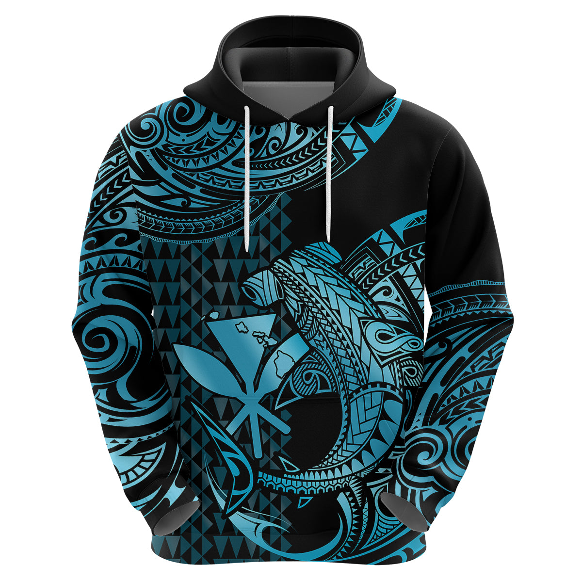 Custom Hawaii Hammerhead Shark Polynesian Hoodie Polynesian Kakau With Kanaka Turquoise - Wonder Print Shop