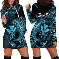 (Custom Personalised) Hawaii Hammerhead Shark Hoodie Dress Polynesian Kakau With Kanaka Turquoise - Wonder Print Shop