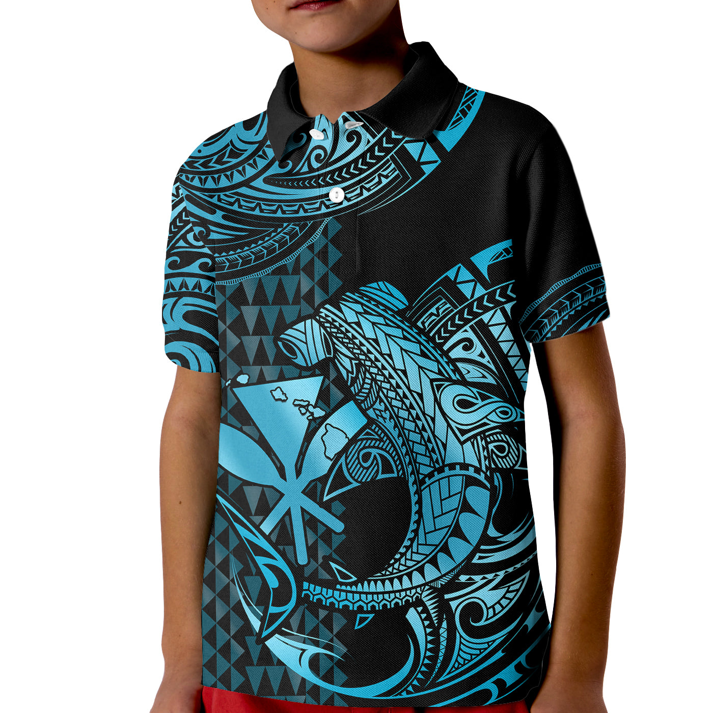Custom Hawaii Hammerhead Shark Polo Shirt for Kid Polynesian Kakau With Kanaka Turquoise - Wonder Print Shop