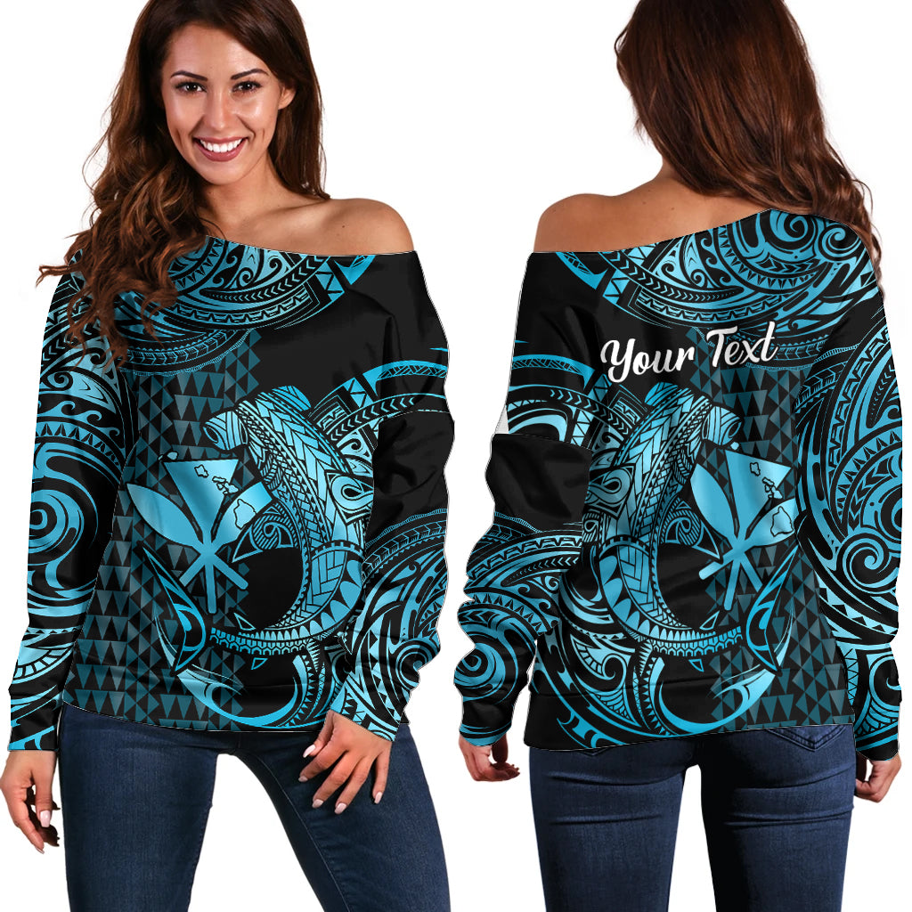 (Custom Personalised) Hawaii Hammerhead Shark Off Shoulder Sweater Polynesian Kakau With Kanaka Turquoise - Wonder Print Shop
