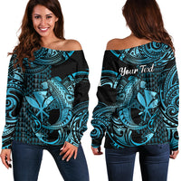 (Custom Personalised) Hawaii Hammerhead Shark Off Shoulder Sweater Polynesian Kakau With Kanaka Turquoise - Wonder Print Shop
