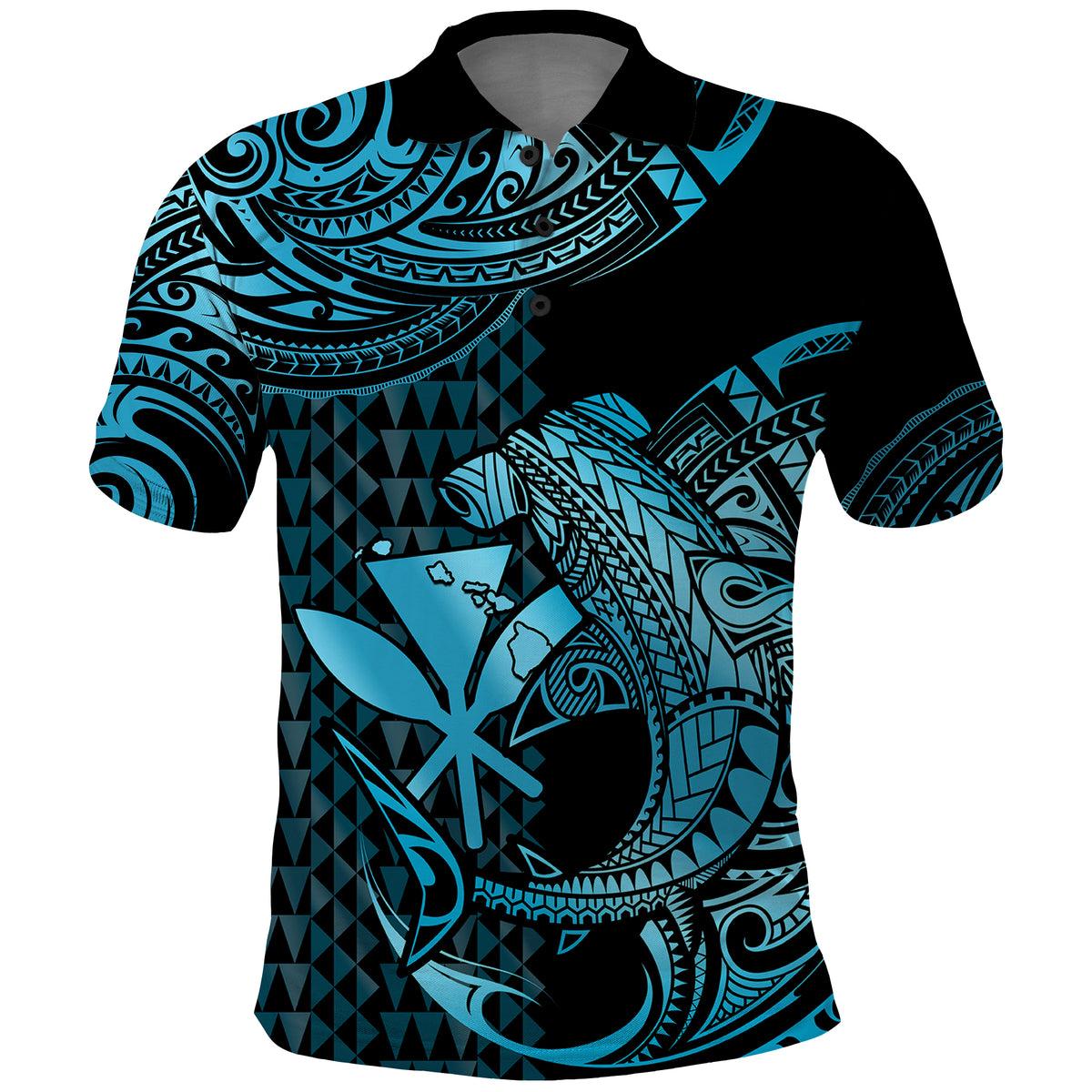 Custom Hawaii Hammerhead Shark Polynesian Tatoo Polo Shirt Polynesian Kakau With Kanaka Turquoise - Wonder Print Shop