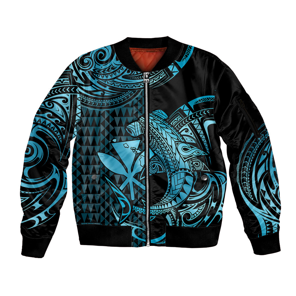 (Custom Personalised) Hawaii Hammerhead Shark Sleeve Zip Bomber Jacket Polynesian Kakau With Kanaka Turquoise - Wonder Print Shop