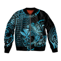 (Custom Personalised) Hawaii Hammerhead Shark Sleeve Zip Bomber Jacket Polynesian Kakau With Kanaka Turquoise - Wonder Print Shop