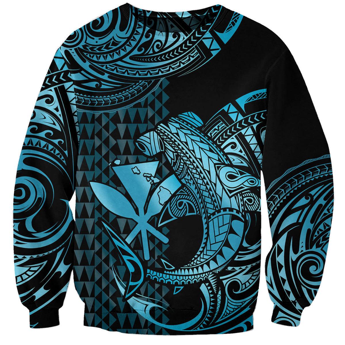 (Custom Personalised) Hawaii Hammerhead Shark Sweatshirt Polynesian Kakau With Kanaka Turquoise - Wonder Print Shop