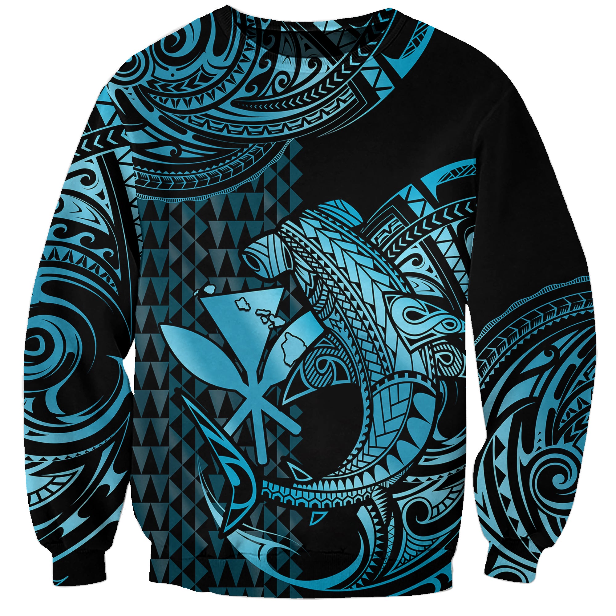 (Custom Personalised) Hawaii Hammerhead Shark Sweatshirt Polynesian Kakau With Kanaka Turquoise - Wonder Print Shop