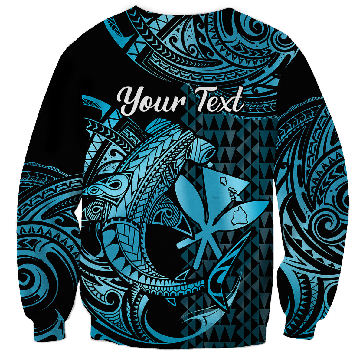 (Custom Personalised) Hawaii Hammerhead Shark Sweatshirt Polynesian Kakau With Kanaka Turquoise - Wonder Print Shop