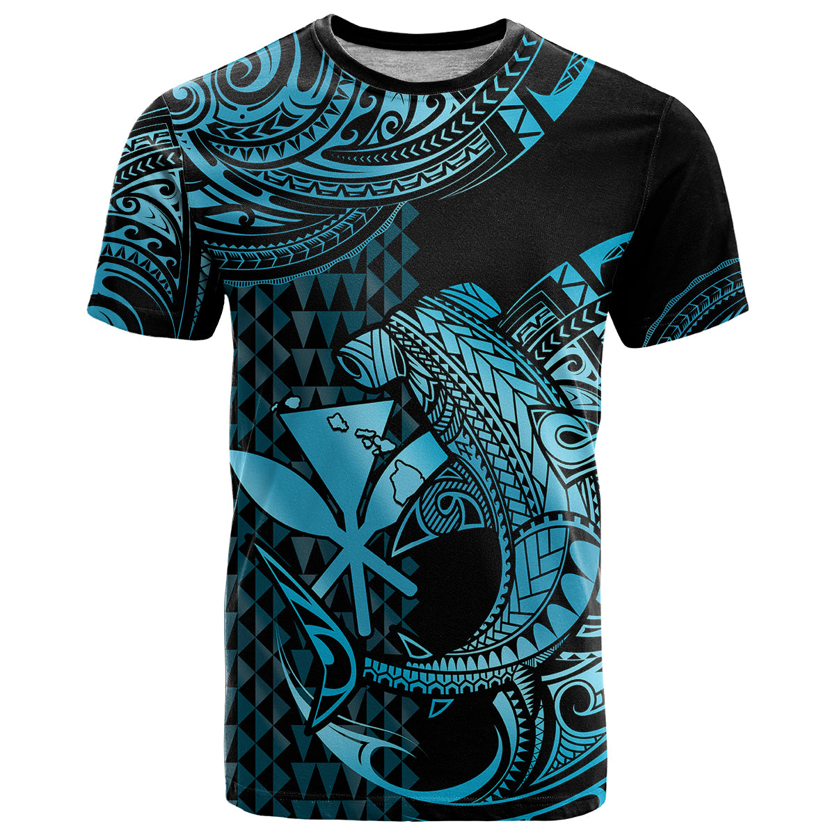 Custom Hawaii Hammerhead Shark T Shirt Polynesian Kakau With Kanaka Turquoise - Wonder Print Shop