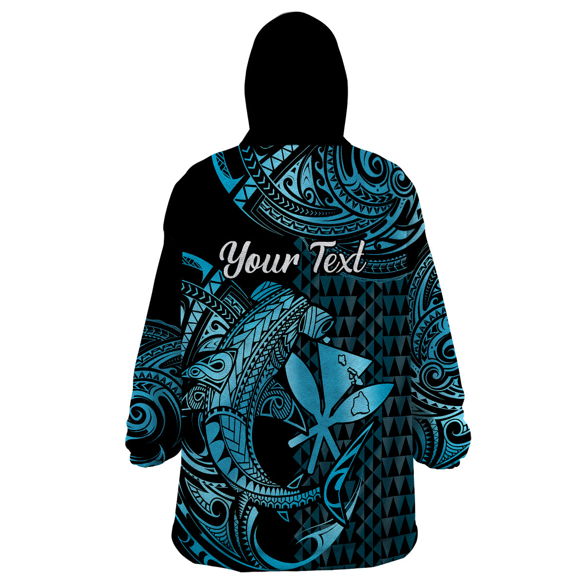(Custom Personalised) Hawaii Hammerhead Shark Wearable Blanket Hoodie Polynesian Kakau With Kanaka Turquoise - Wonder Print Shop