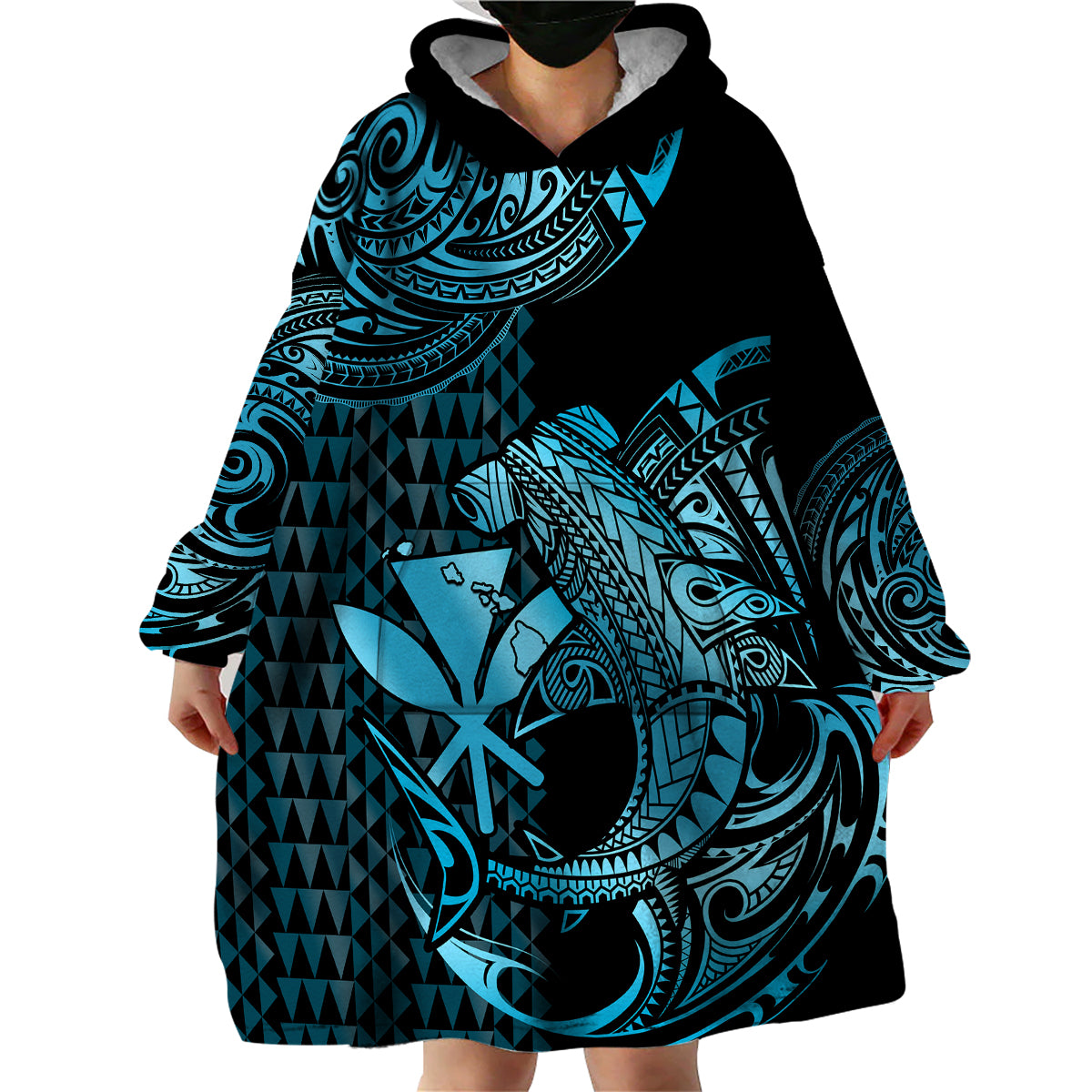 (Custom Personalised) Hawaii Hammerhead Shark Wearable Blanket Hoodie Polynesian Kakau With Kanaka Turquoise - Wonder Print Shop