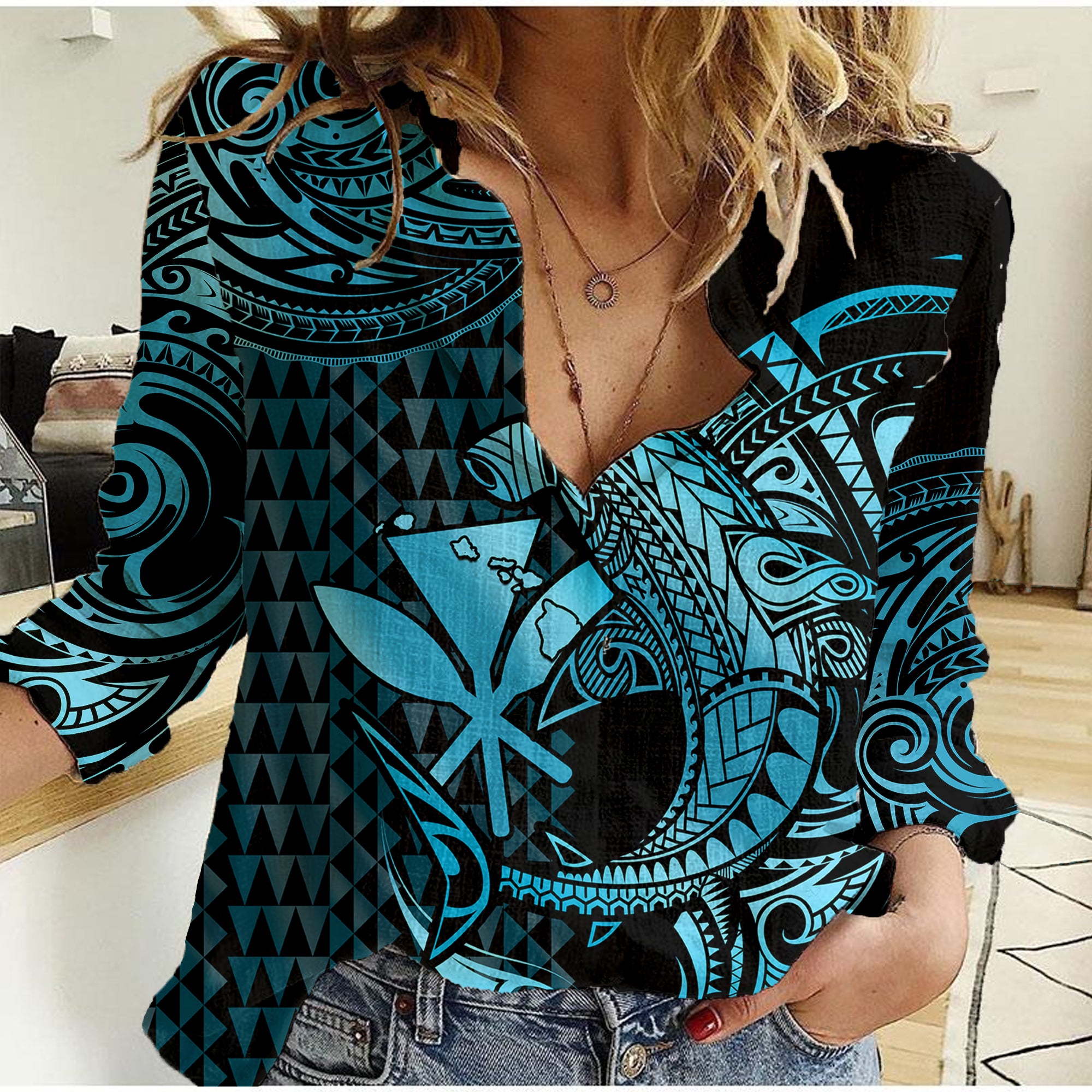 (Custom Personalised) Hawaii Hammerhead Shark Women Casual Shirt Polynesian Kakau With Kanaka Turquoise - Wonder Print Shop