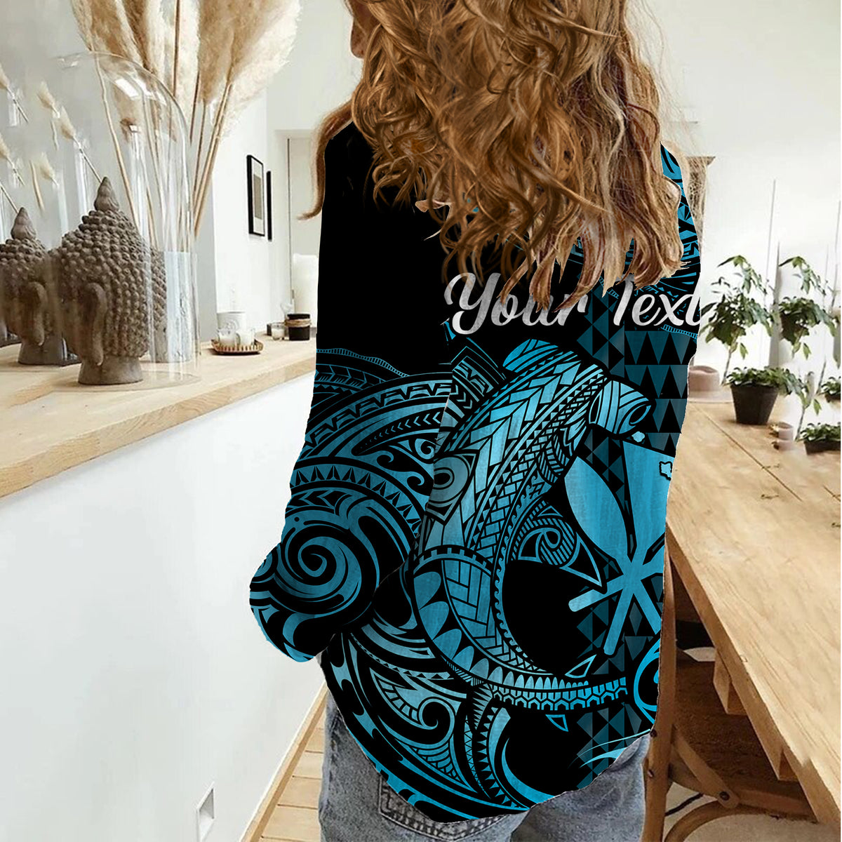 (Custom Personalised) Hawaii Hammerhead Shark Women Casual Shirt Polynesian Kakau With Kanaka Turquoise - Wonder Print Shop
