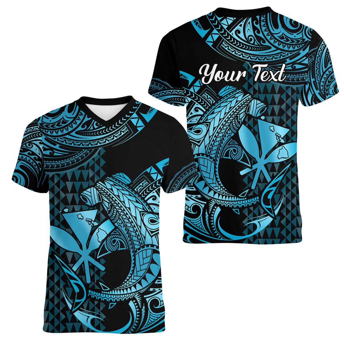 (Custom Personalised) Hawaii Hammerhead Shark Women V Neck T Shirt Polynesian Kakau With Kanaka Turquoise - Wonder Print Shop