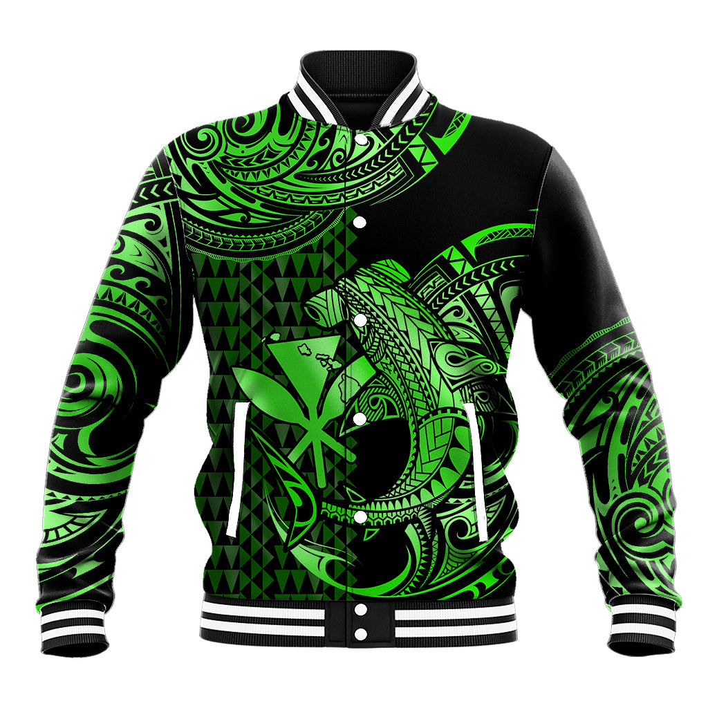 (Custom Personalised) Hawaii Hammerhead Shark Baseball Jacket Polynesian Kakau With Kanaka Green - Wonder Print Shop