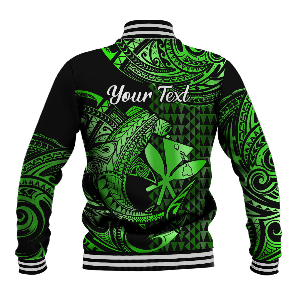 (Custom Personalised) Hawaii Hammerhead Shark Baseball Jacket Polynesian Kakau With Kanaka Green - Wonder Print Shop
