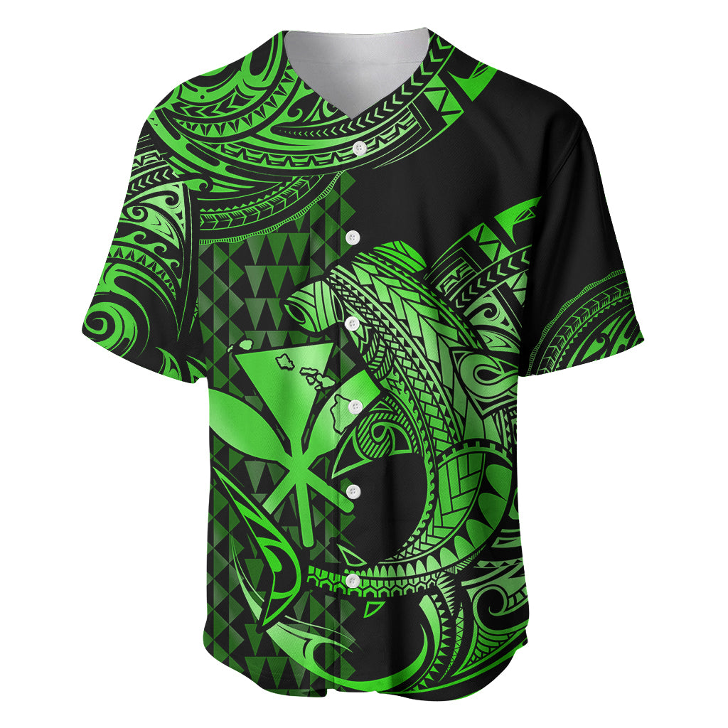 (Custom Personalised) Hawaii Hammerhead Shark Baseball Jersey Polynesian Kakau With Kanaka Green - Wonder Print Shop