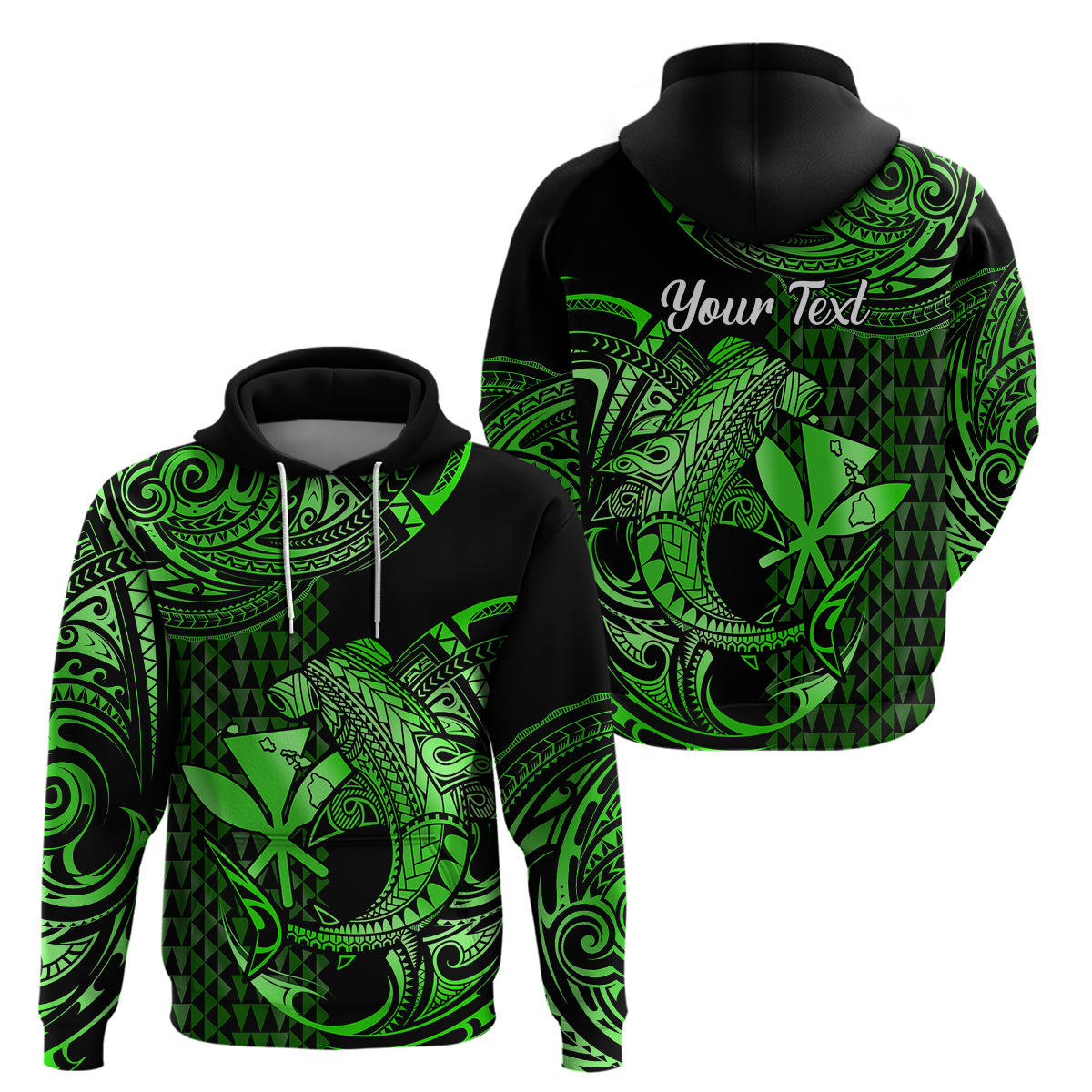 Custom Hawaii Hammerhead Shark Polynesian Hoodie Polynesian Kakau With Kanaka Green - Wonder Print Shop
