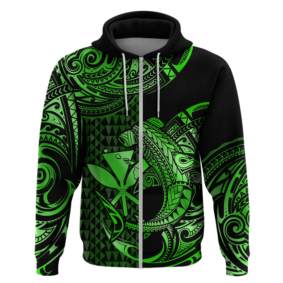 Custom Hawaii Hammerhead Shark Polynesian Hoodie Polynesian Kakau With Kanaka Green - Wonder Print Shop