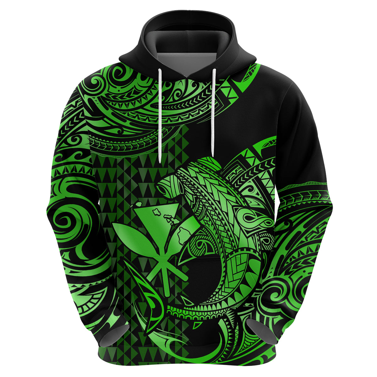 Custom Hawaii Hammerhead Shark Polynesian Hoodie Polynesian Kakau With Kanaka Green - Wonder Print Shop