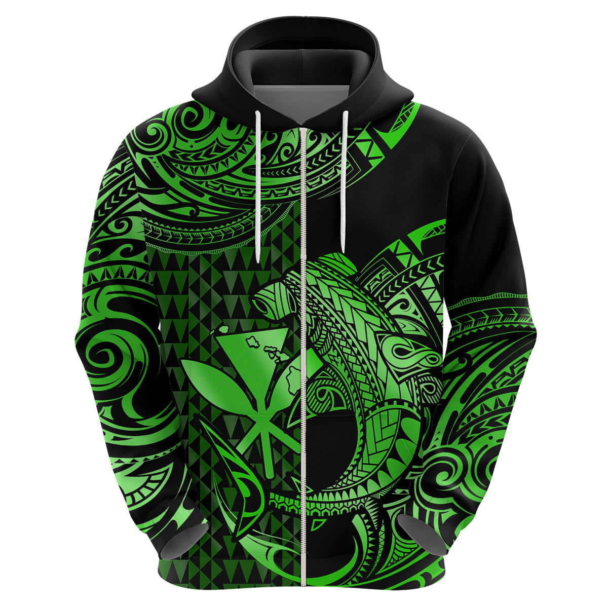 Custom Hawaii Hammerhead Shark Polynesian Hoodie Polynesian Kakau With Kanaka Green - Wonder Print Shop
