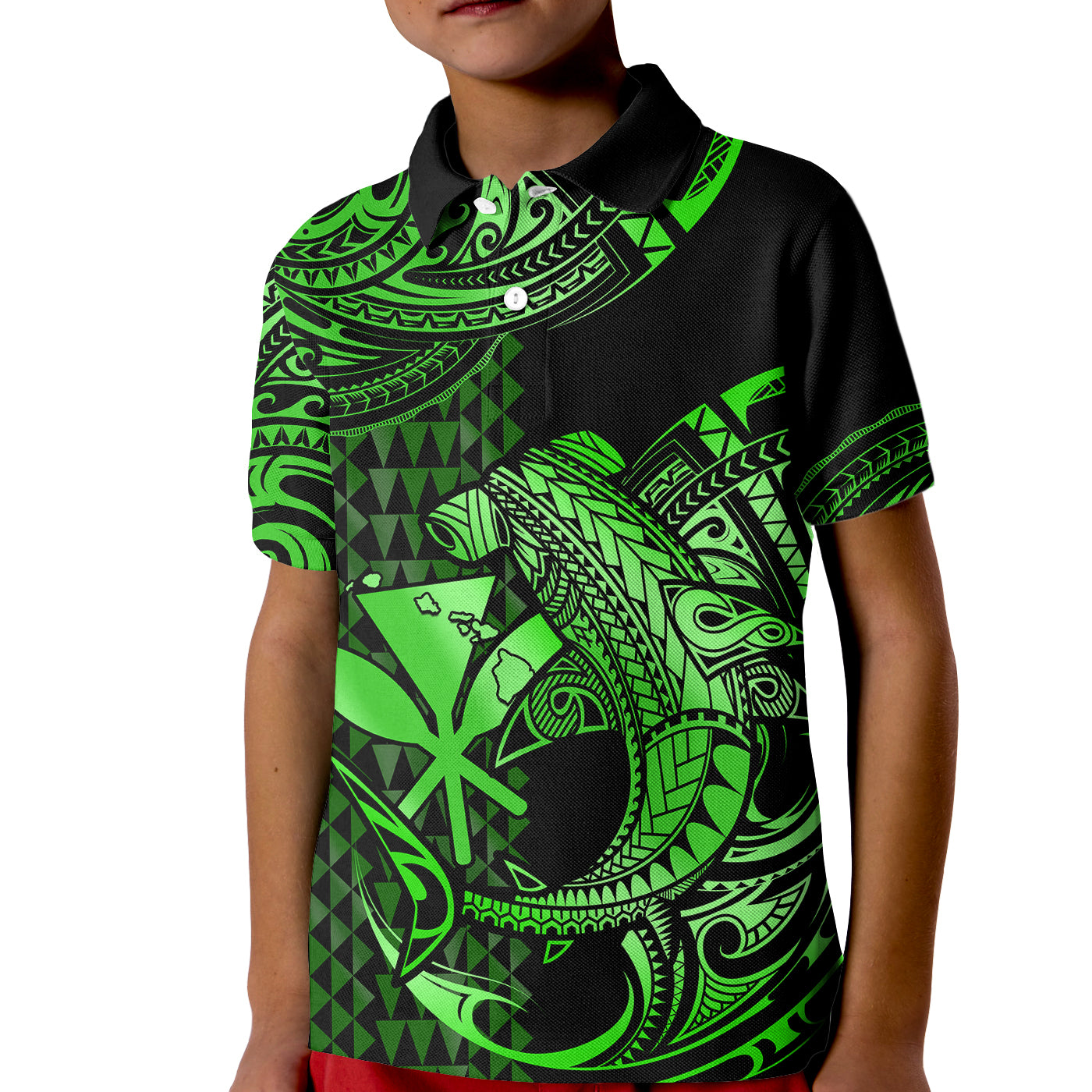 Custom Hawaii Hammerhead Shark Polo Shirt for Kid Polynesian Kakau With Kanaka Green - Wonder Print Shop